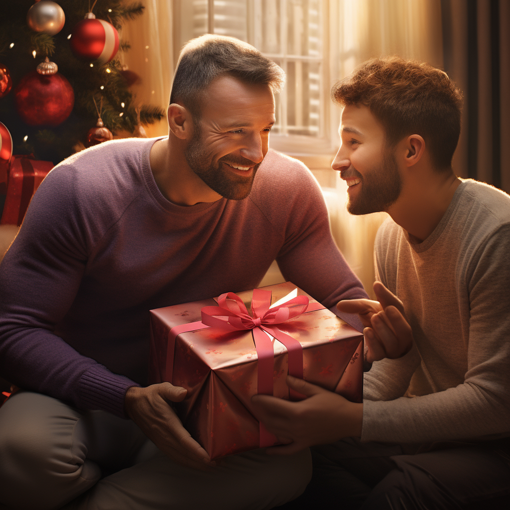 Gay Dads Admiring Child Opening Christmas Gift