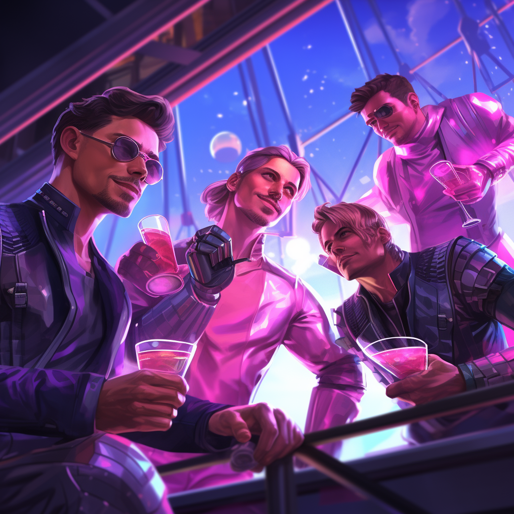 Gay guys enjoying cocktails in a futuristic pink bar