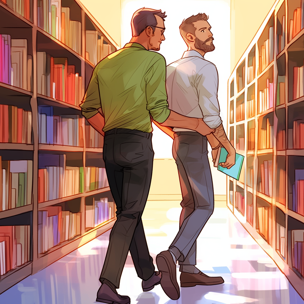 Gay male professor in library sketch