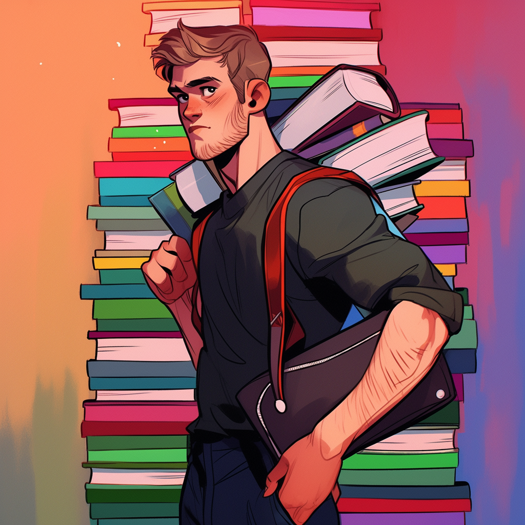 Gay male professor in school library with book