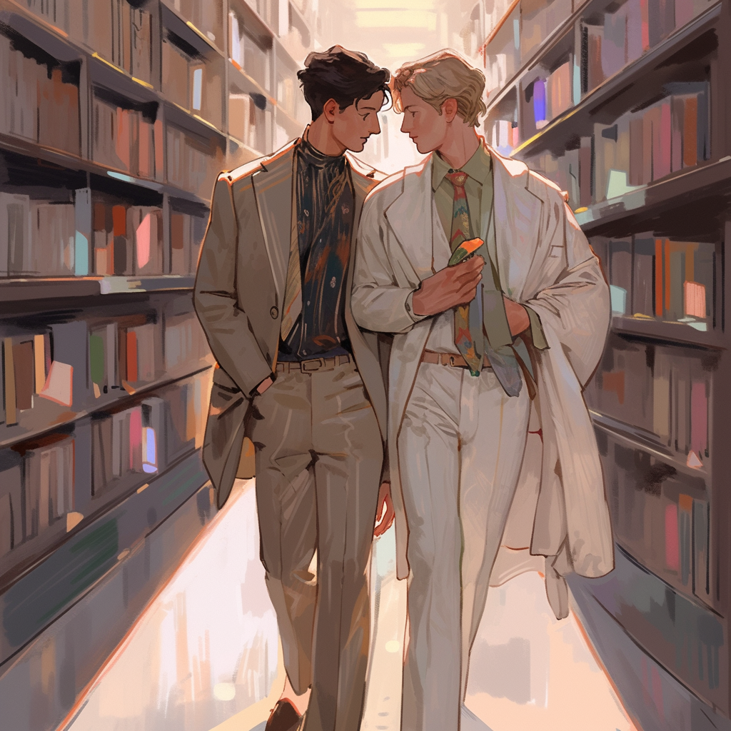 Gay male professor walking in school library