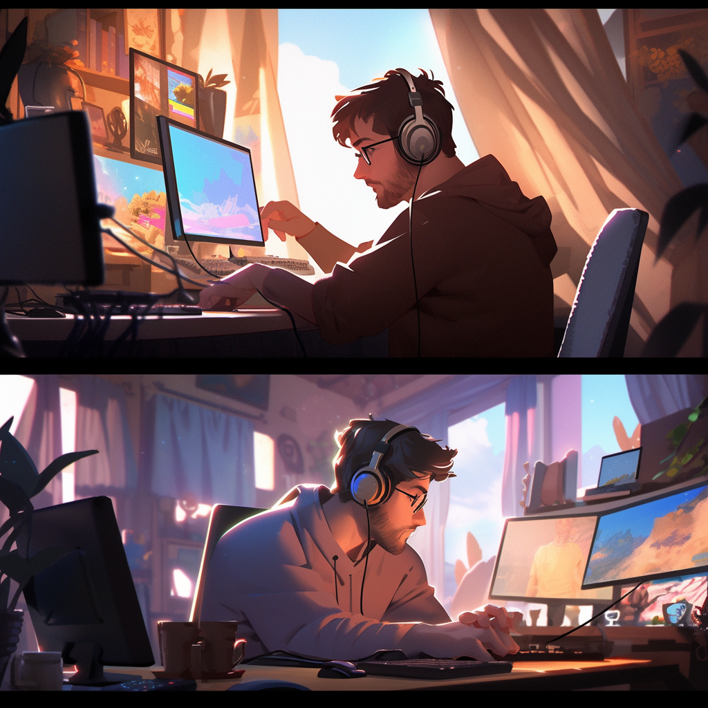 Gay male streamer with three screens