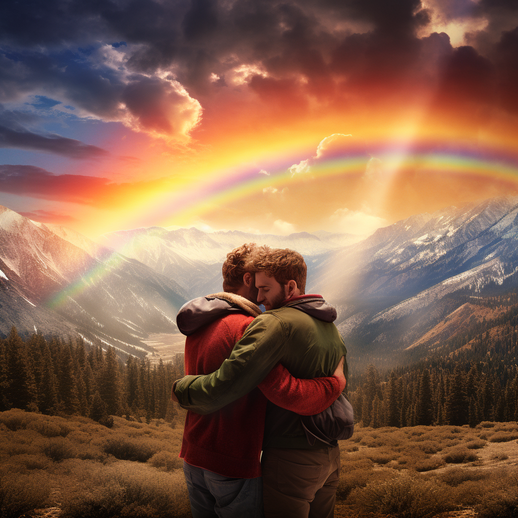 Gay men embracing with mountainscape and rainbow