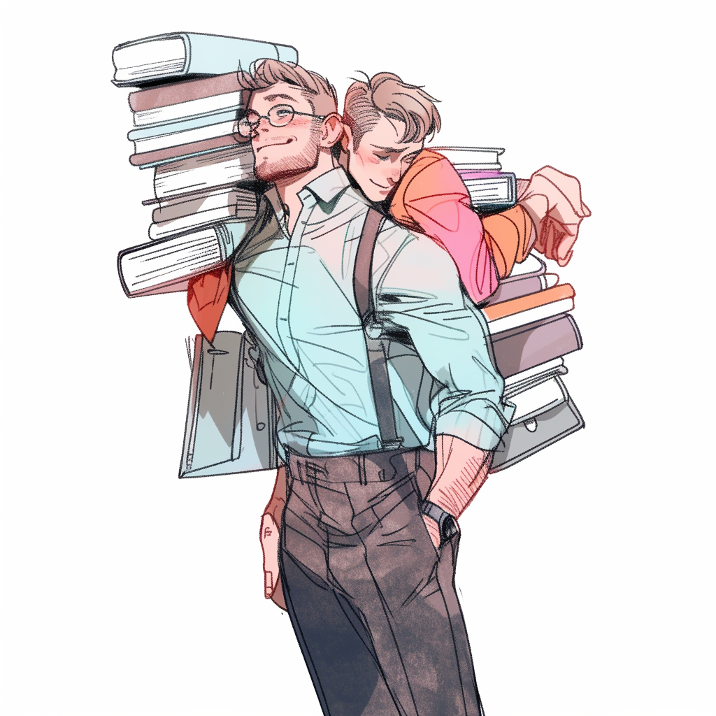 Gay professor carrying books in library sketch