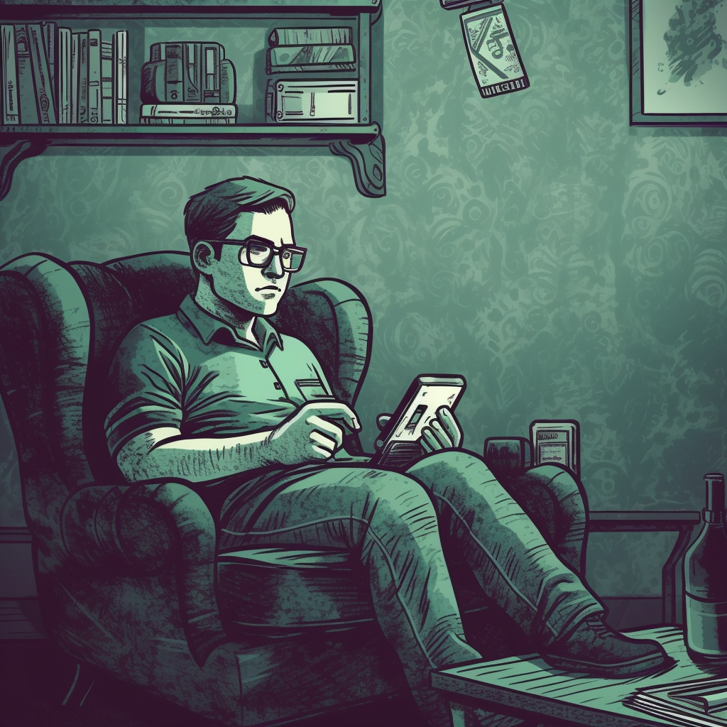 Geek watching cellphone on sofa at home