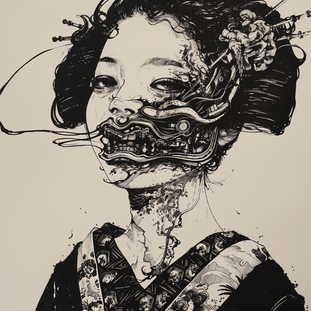 Geisha with Hannya Mask Illustration