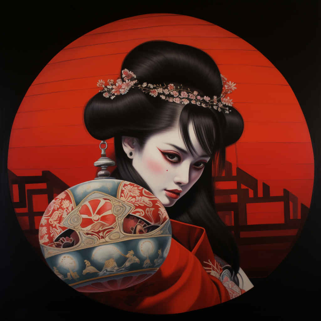 Geisha holding Daruma figurine