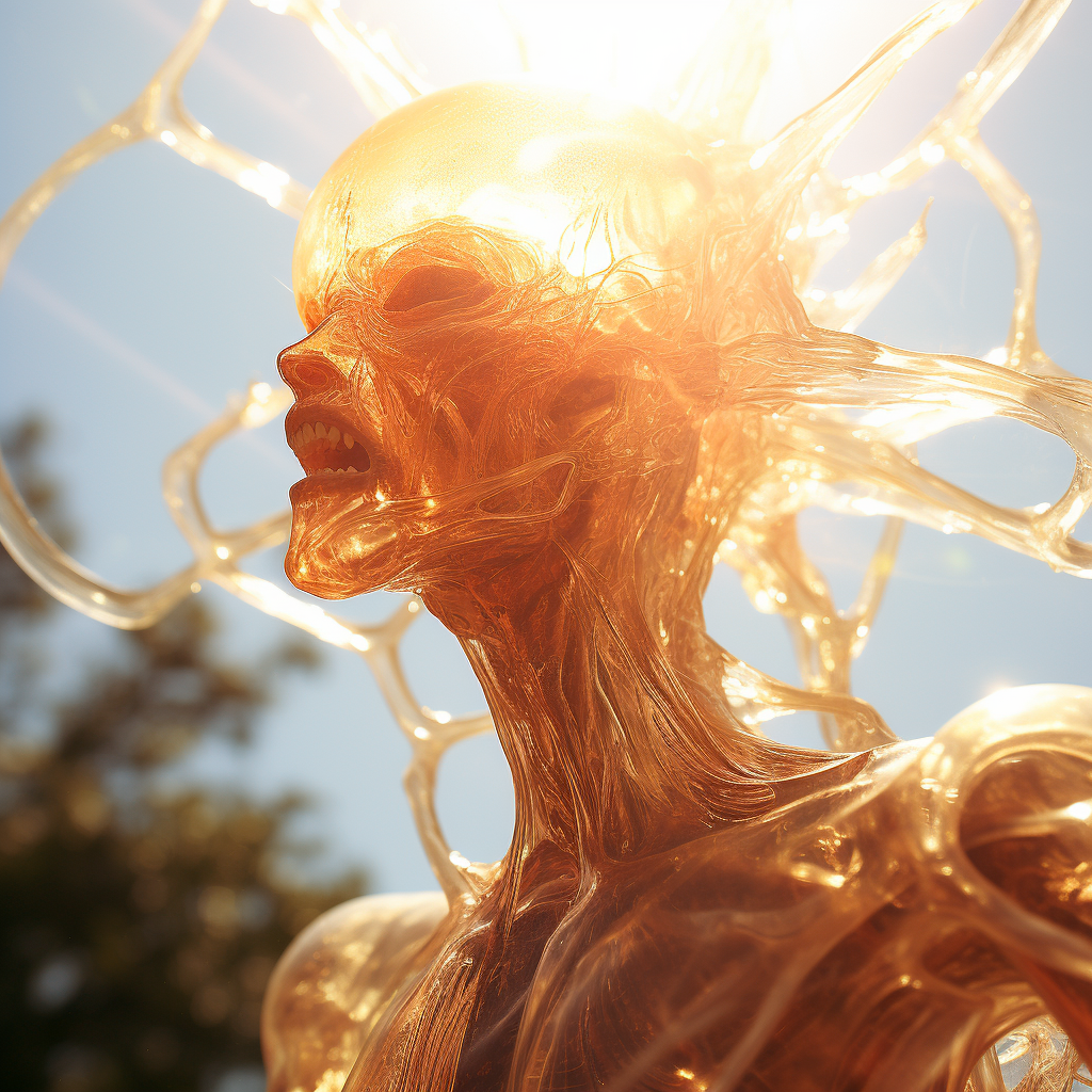 Gelatinous alien cyborg devouring trippy sun