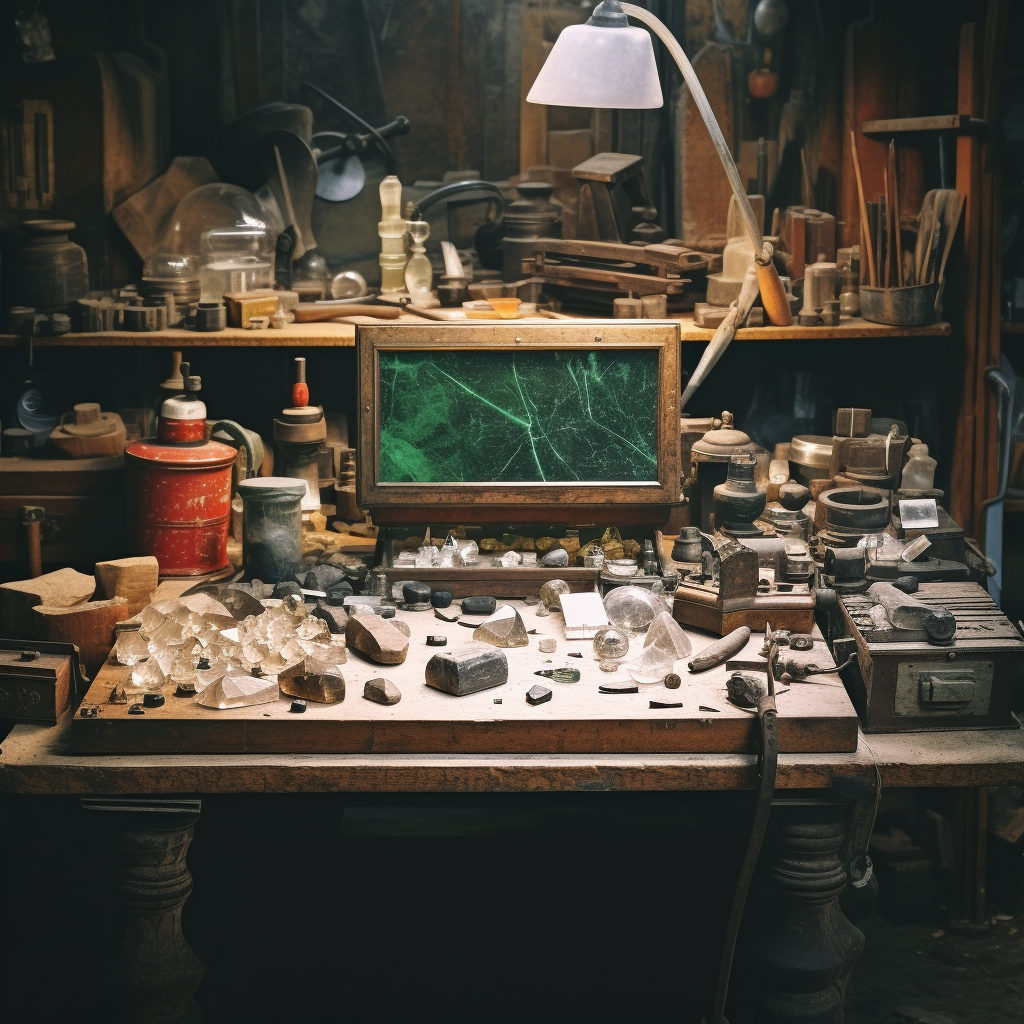 Vintage gemstone processing workbench with precious gems