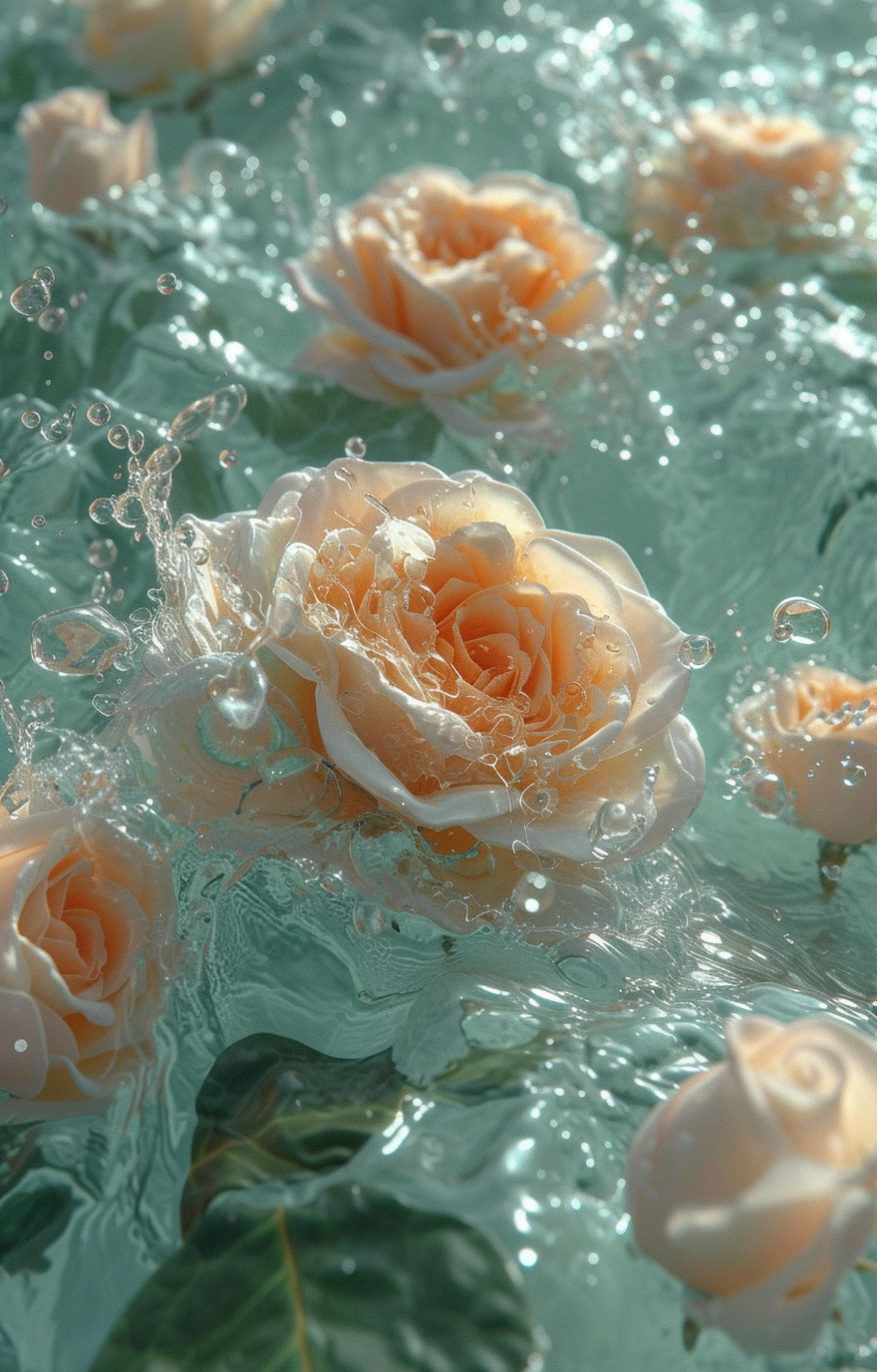 Gemstones and roses in ice bubbles