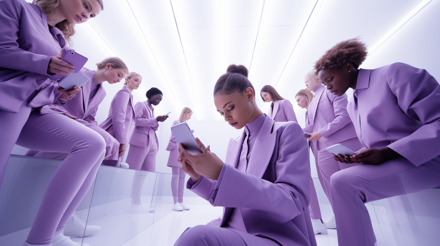 Group of Gen-Z'ers in Purple Fashion Clothing