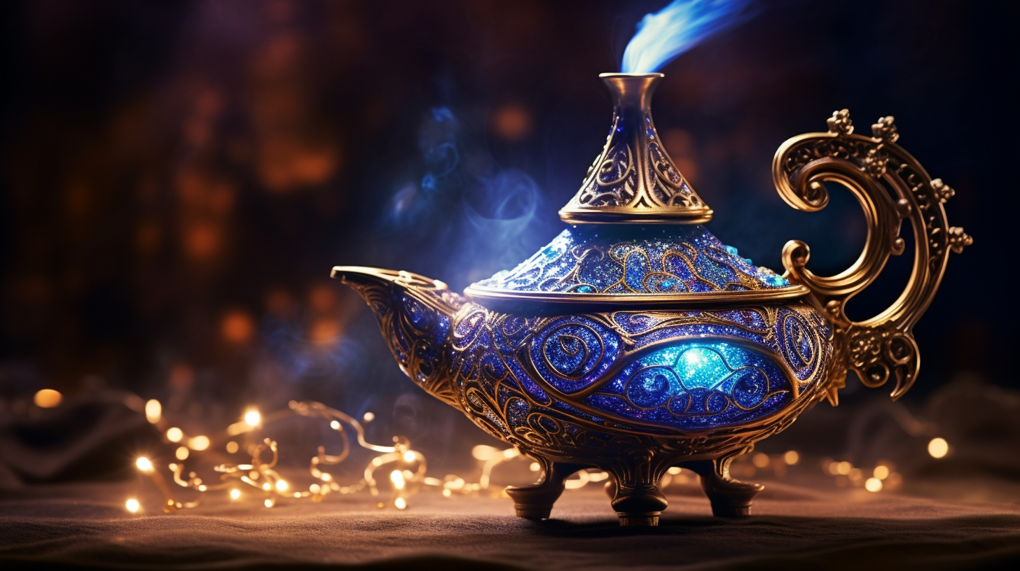 Magical genie lamp granting wishes