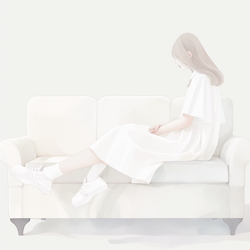 Cute girl on sofa with white sneakers