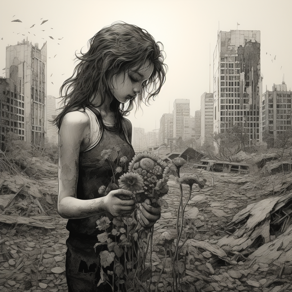 Young girl picking flowers in apocalyptic scenery