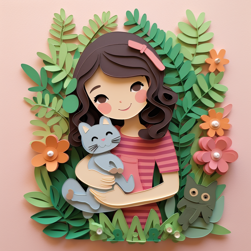 Girl hugging her purring cat among potted plants