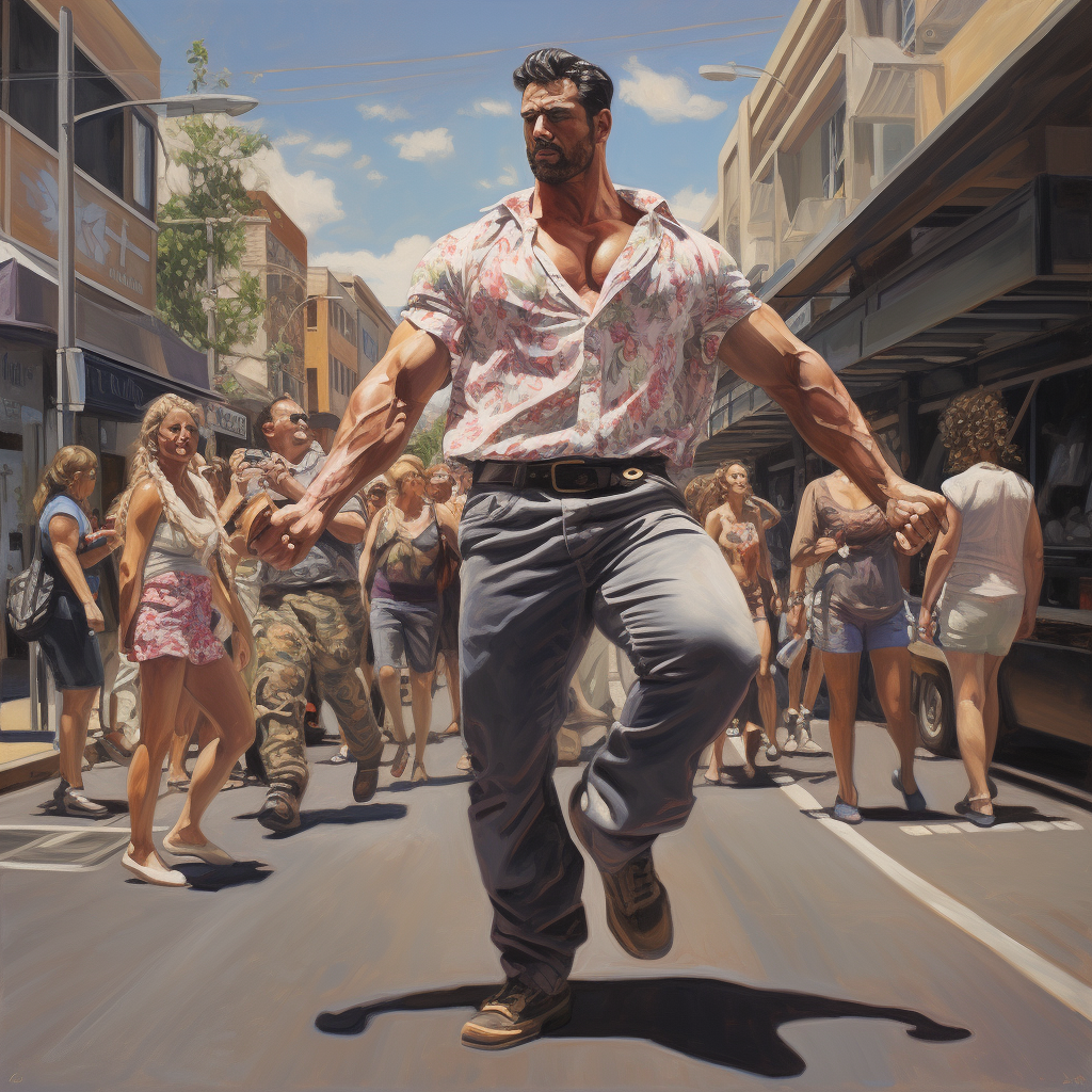 Strong man gracefully dancing on modern street