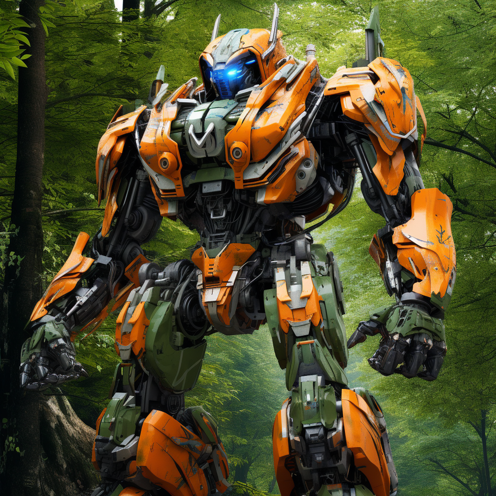 Green and Orange 3D Transformer in a Forest River