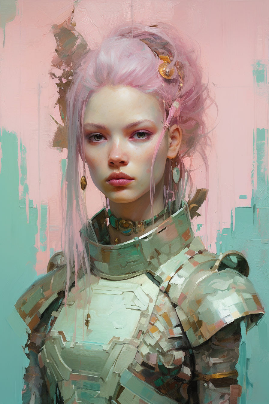 Beautiful gentle warrior with pastel pink and green tones