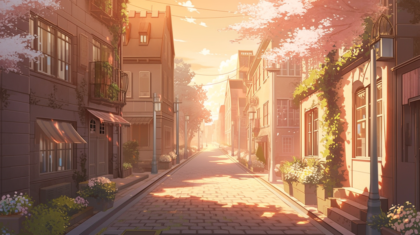 Anime-style illustration of A-Ming walking on a quaint town street at sunset