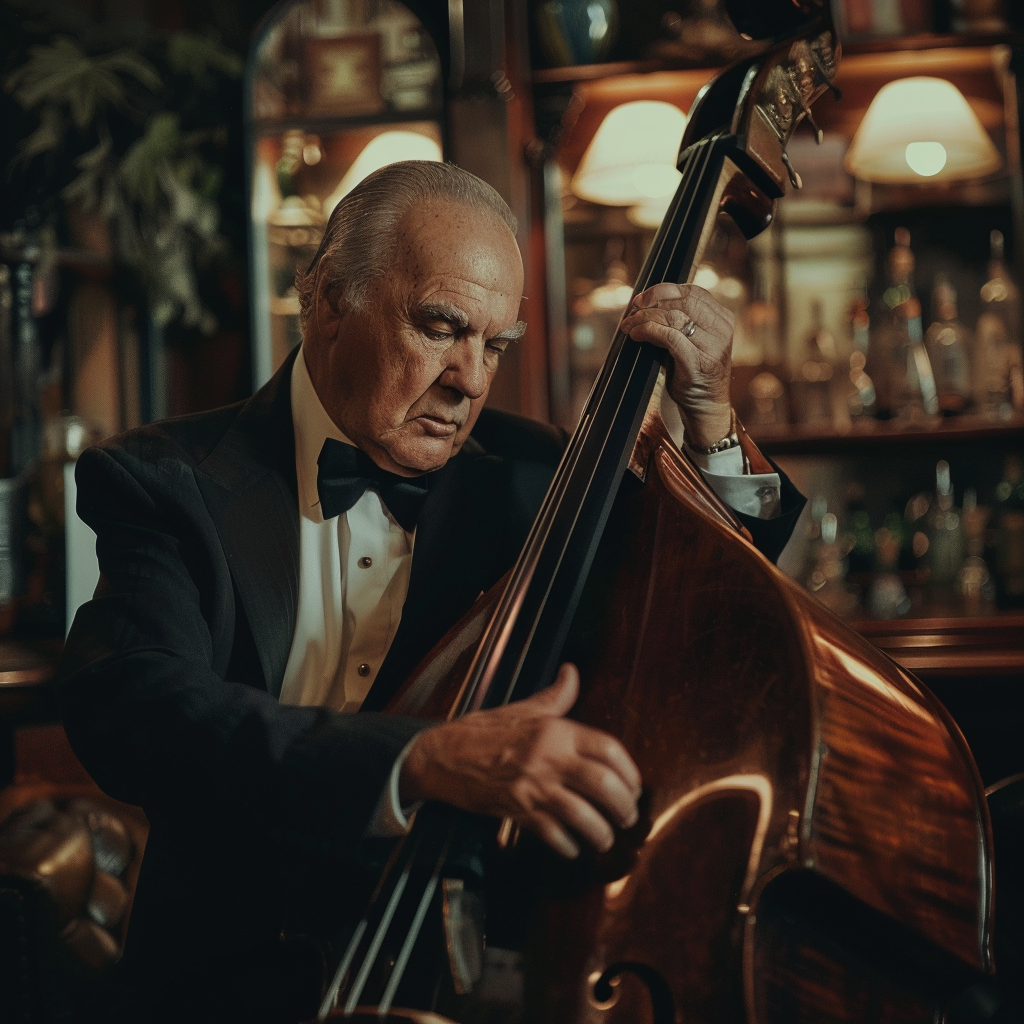 Older gentleman playing bass in luxury bar