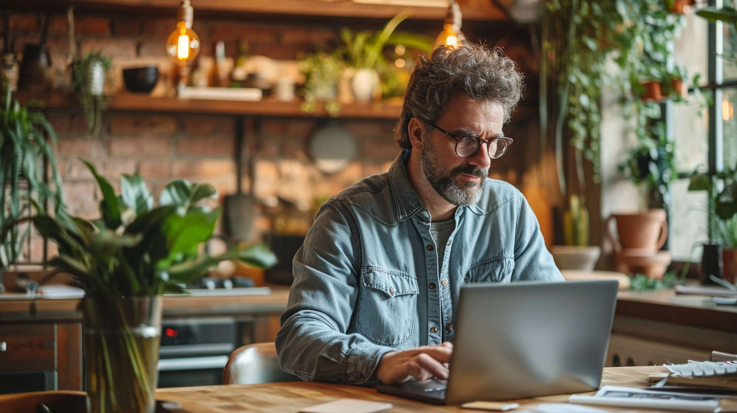 Gentleman working on Acer laptop at kitchen table