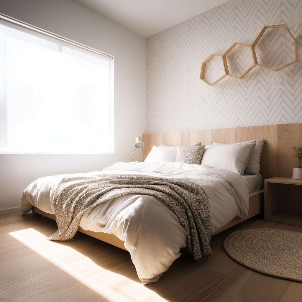 Minimalistic bedroom with geometric patterns