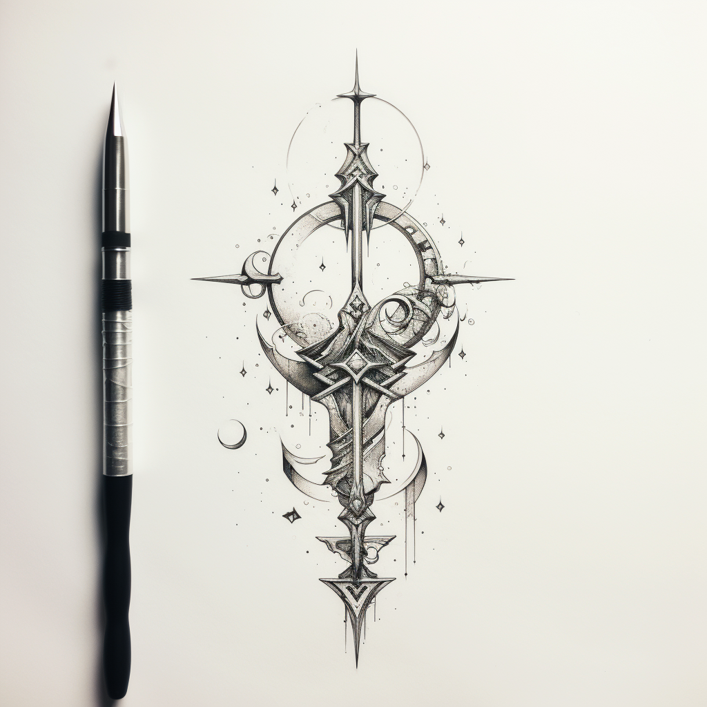 Geometric fine line tattoo sketch with sword and moon