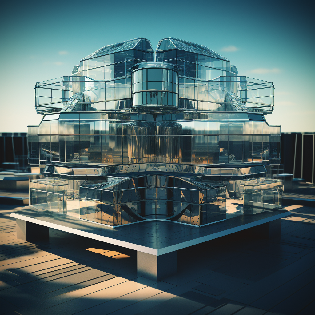 Detailed hyperrealistic geometric shaped building with glass walls