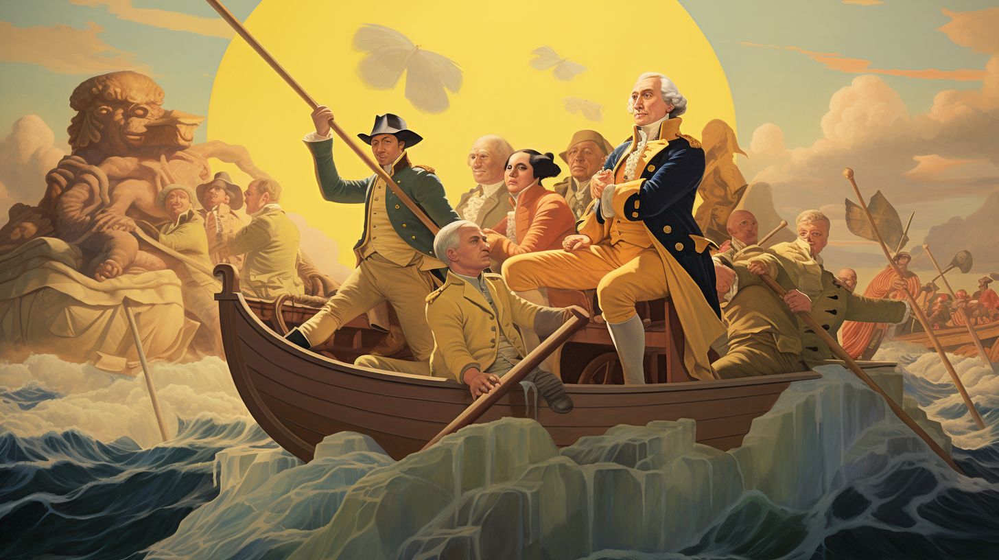 Anthropomorphic toad portrays George Washington crossing the Delaware River