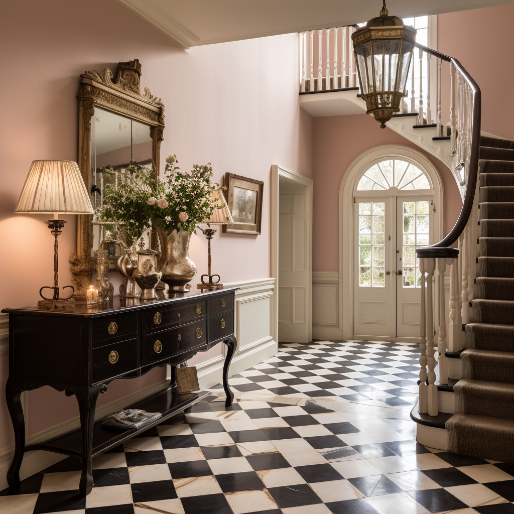 Entrance hall with checkered tiles and contemporary chandelier