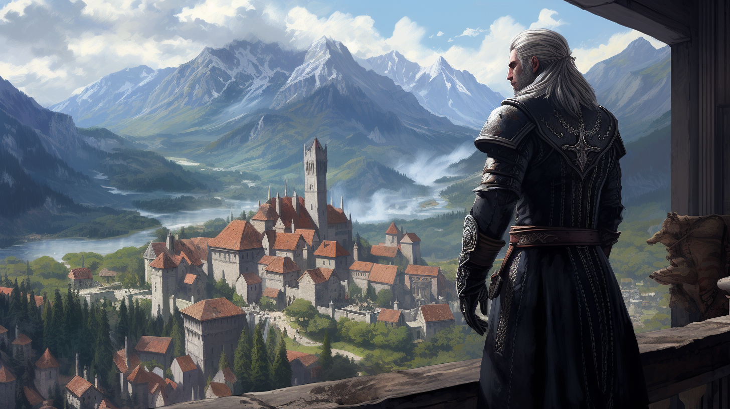 Geralt from The Witcher 3 overlooking mountains