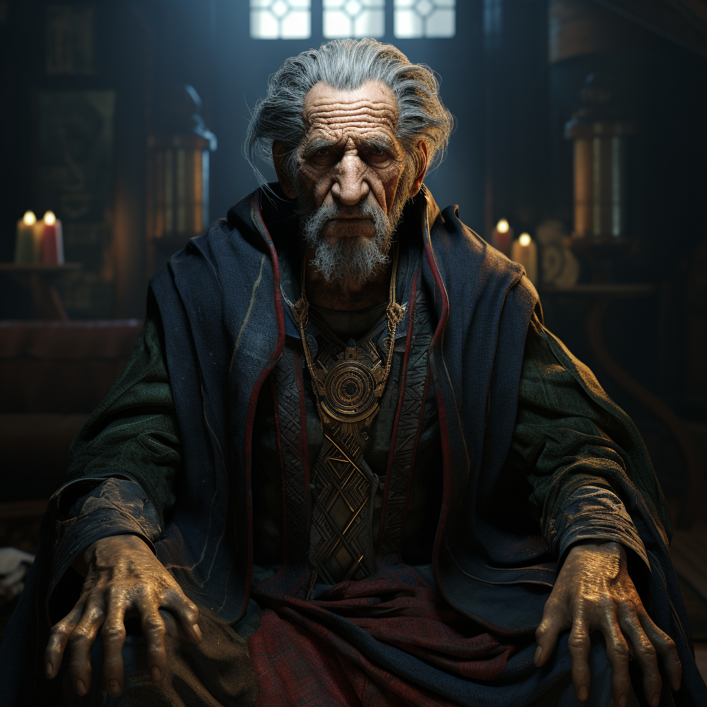 Elderly Doctor Strange in patched and tattered suit