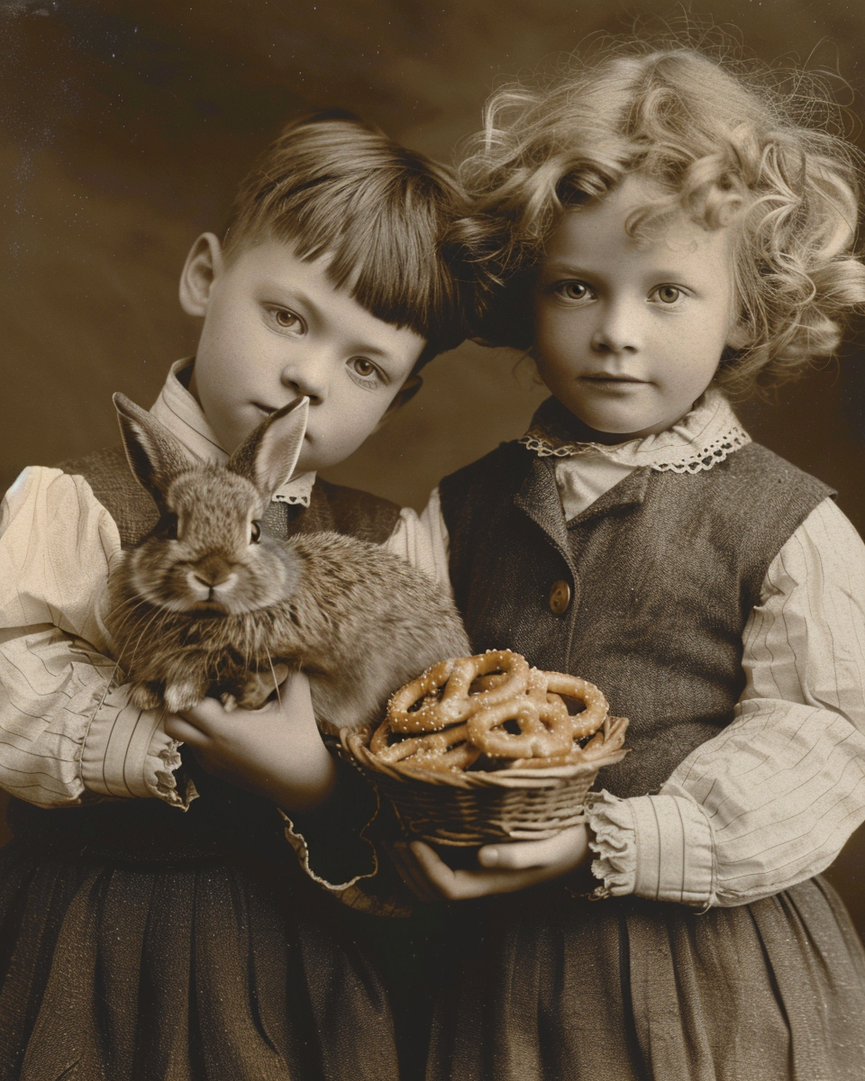 Two German children with rabbit and pretzels