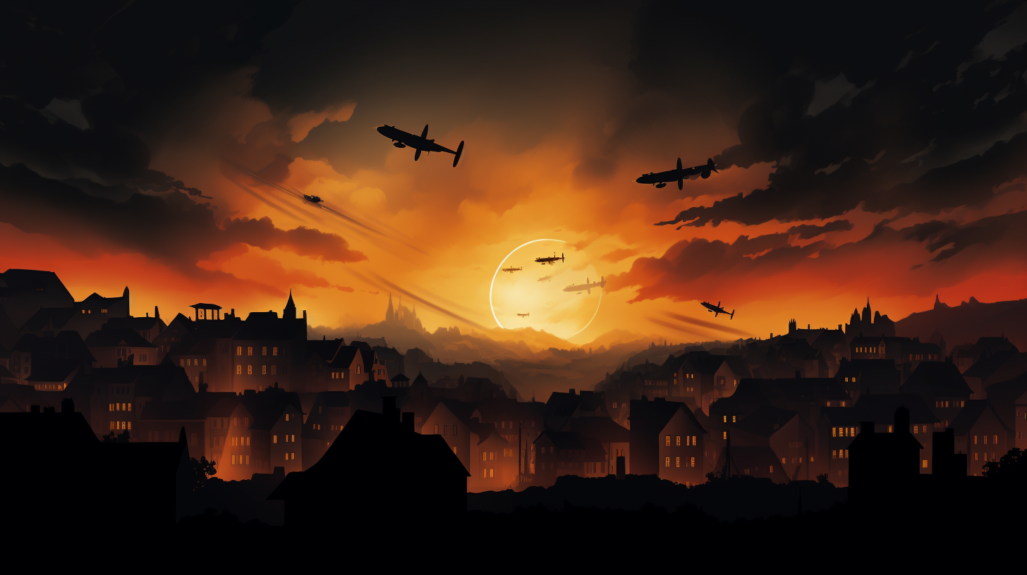 Glowing fires, searchlights, and bombers in the night