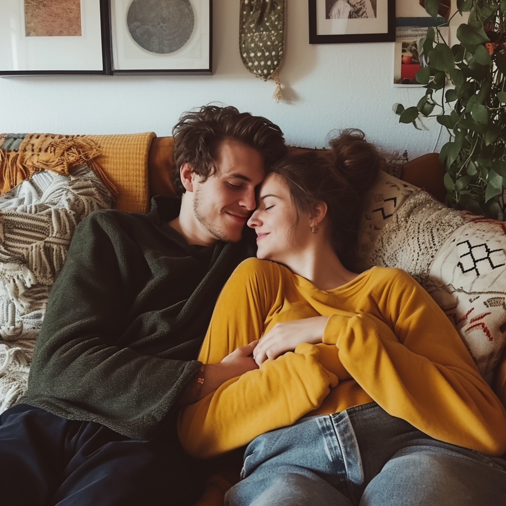 German couple cuddling on couch