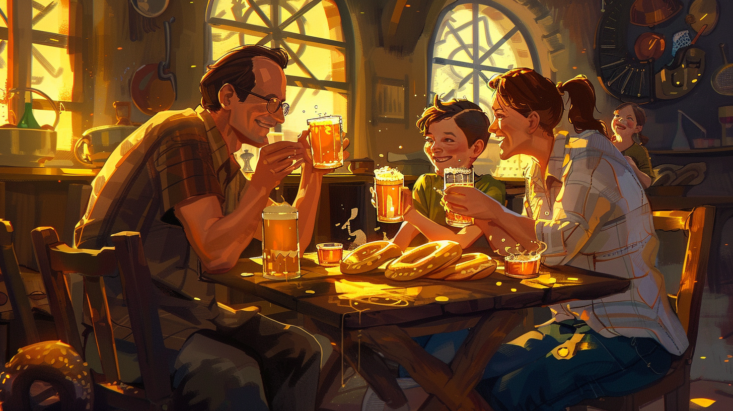 German family enjoying brezels and beer