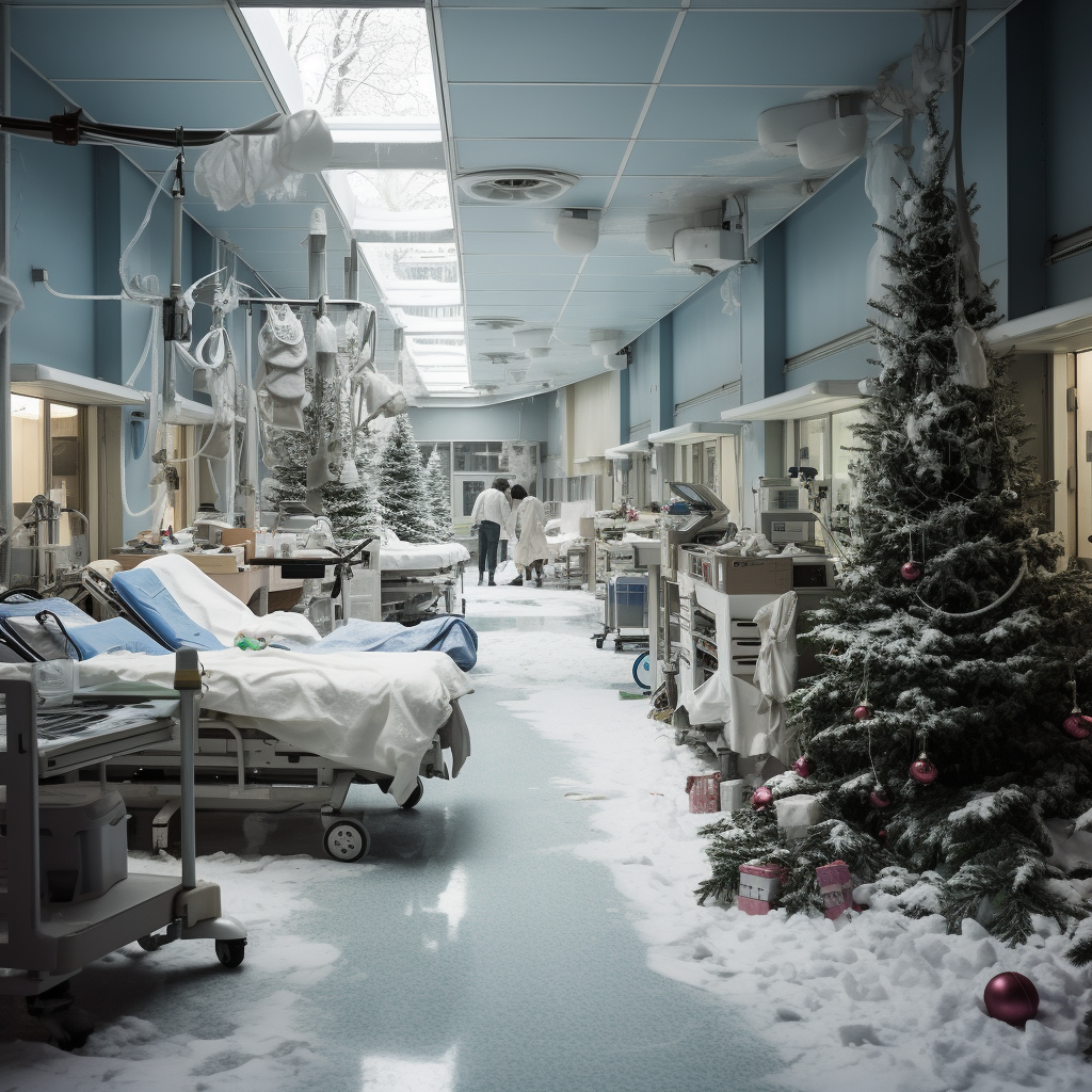 Snowy Christmas scene in German hospital