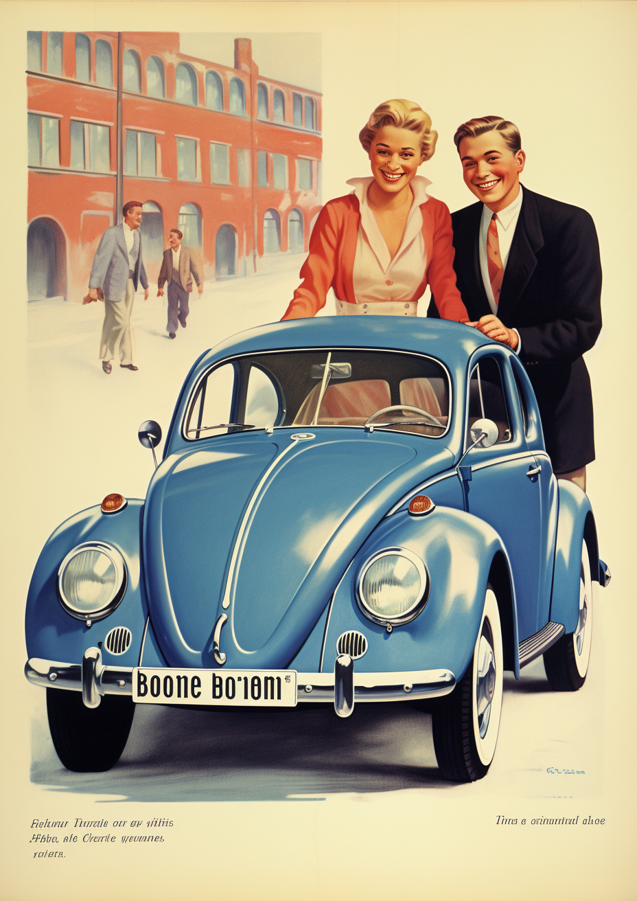 Happy German couple with blue Volkswagen Beetle