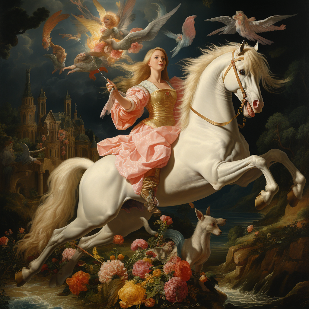 German maiden riding unicorn with golden retriever