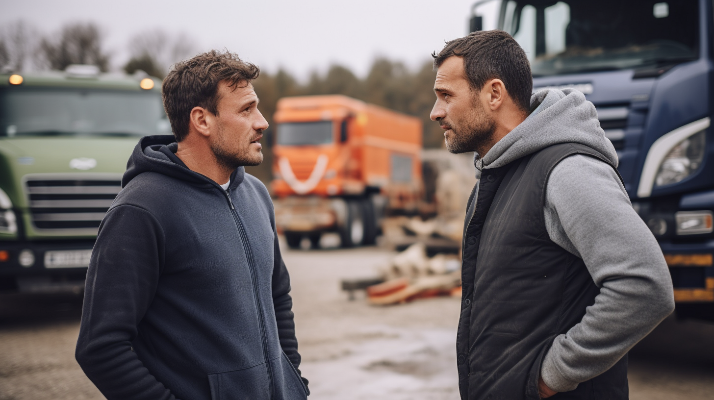 German men speaking at construction site with truck nearby