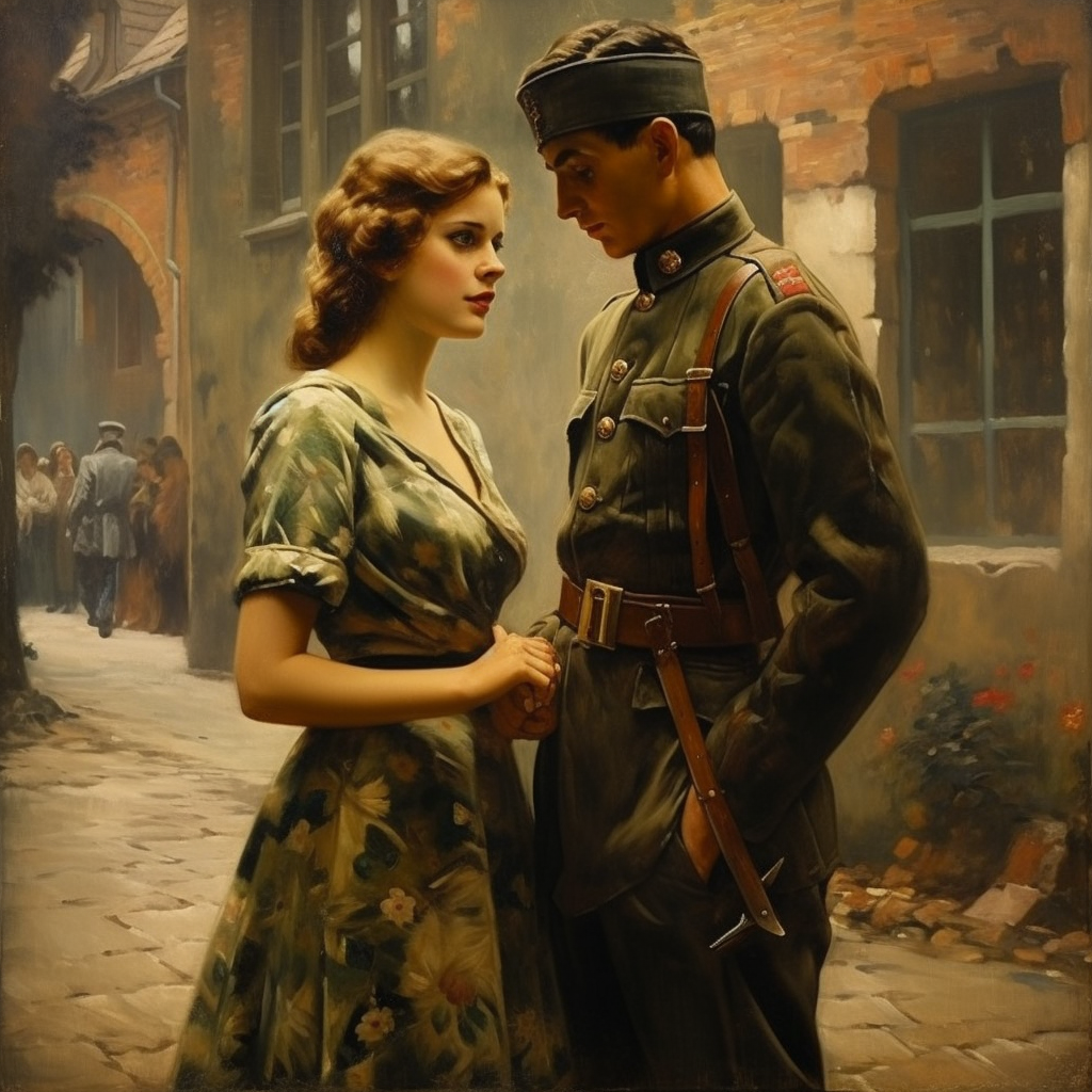 German Painting of Beautiful Polish Town with Young Woman and Soldier