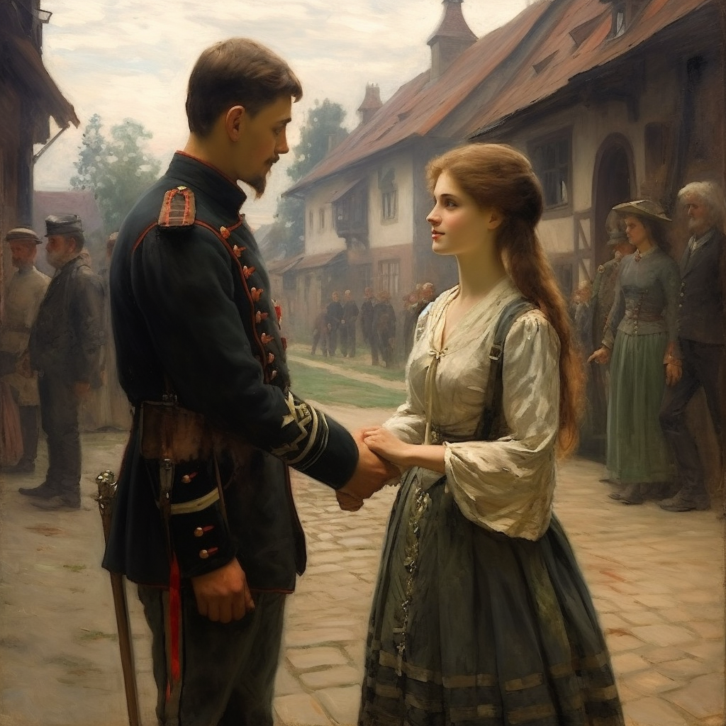 German painting of Polish town with young woman and soldier