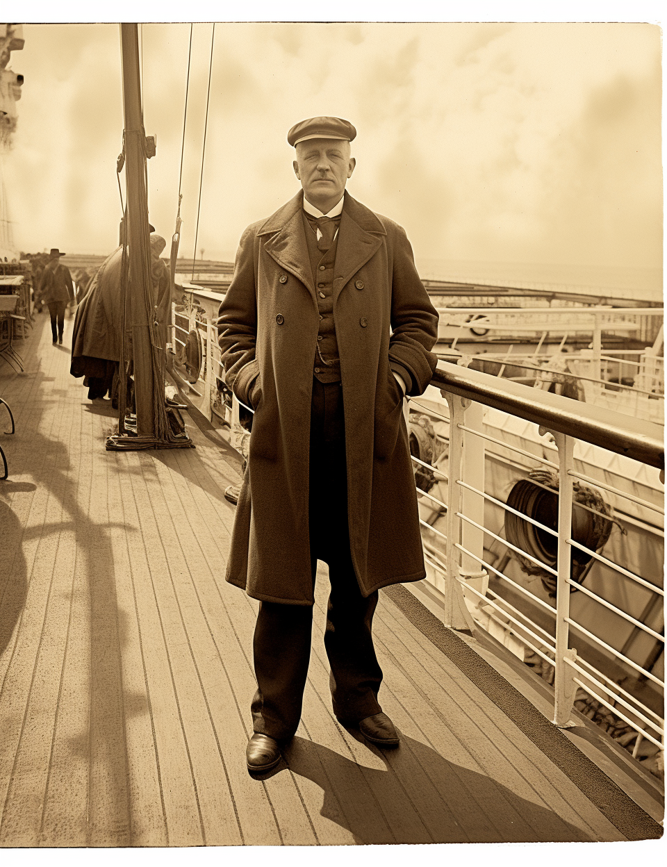 Sepia portrait of German passenger on promenade deck