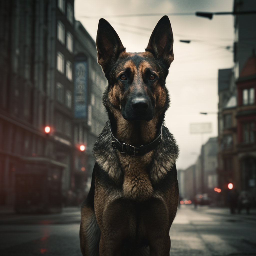 German Shepard exploring empty city