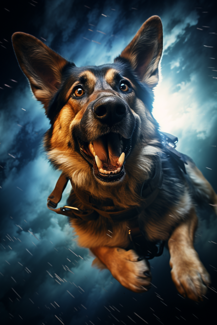 Happy German Shepard flying in the night