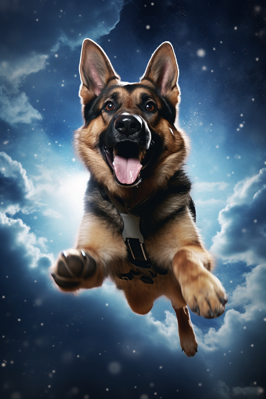 Happy German Shepard flying under the full moon