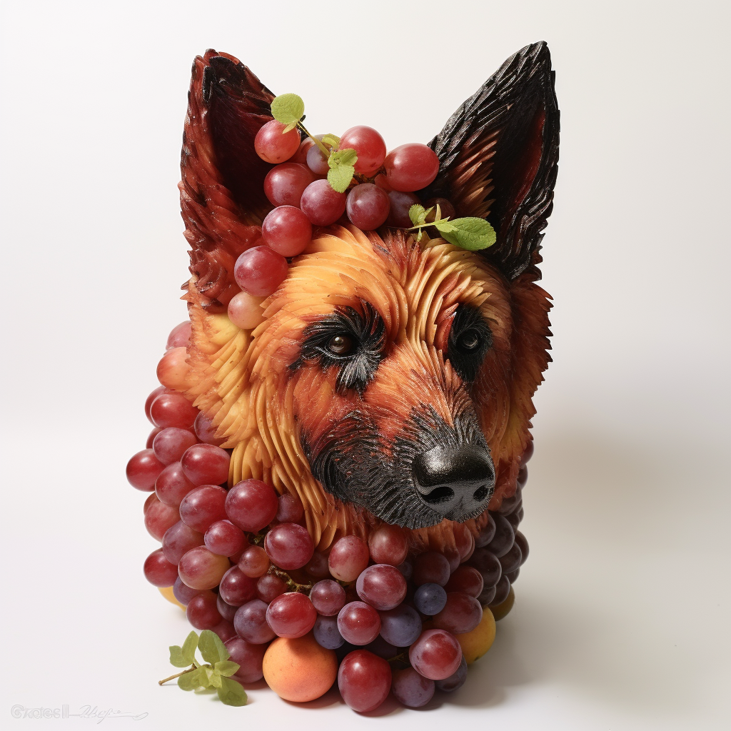 German Shepard fruit sculpture in shape of a dog's head