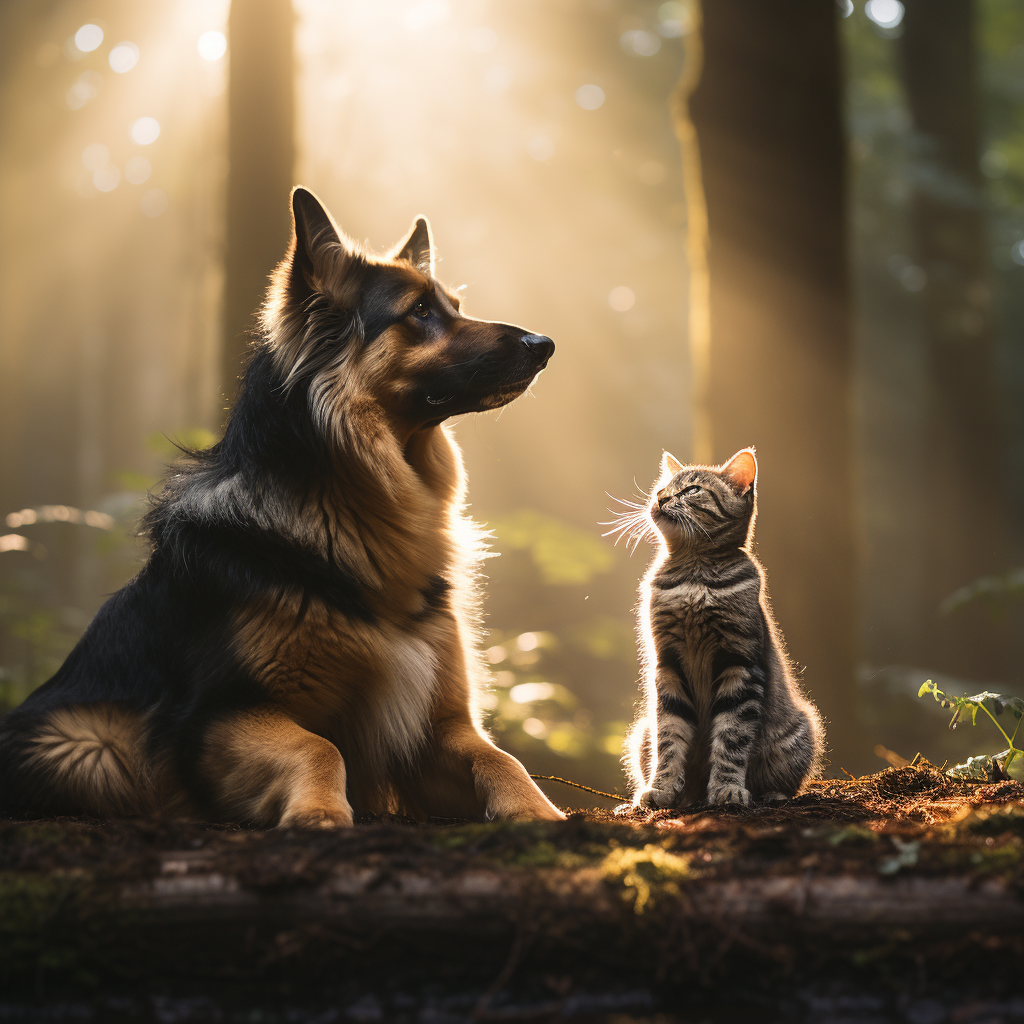 German Shepherd and Cat Playing in Forest