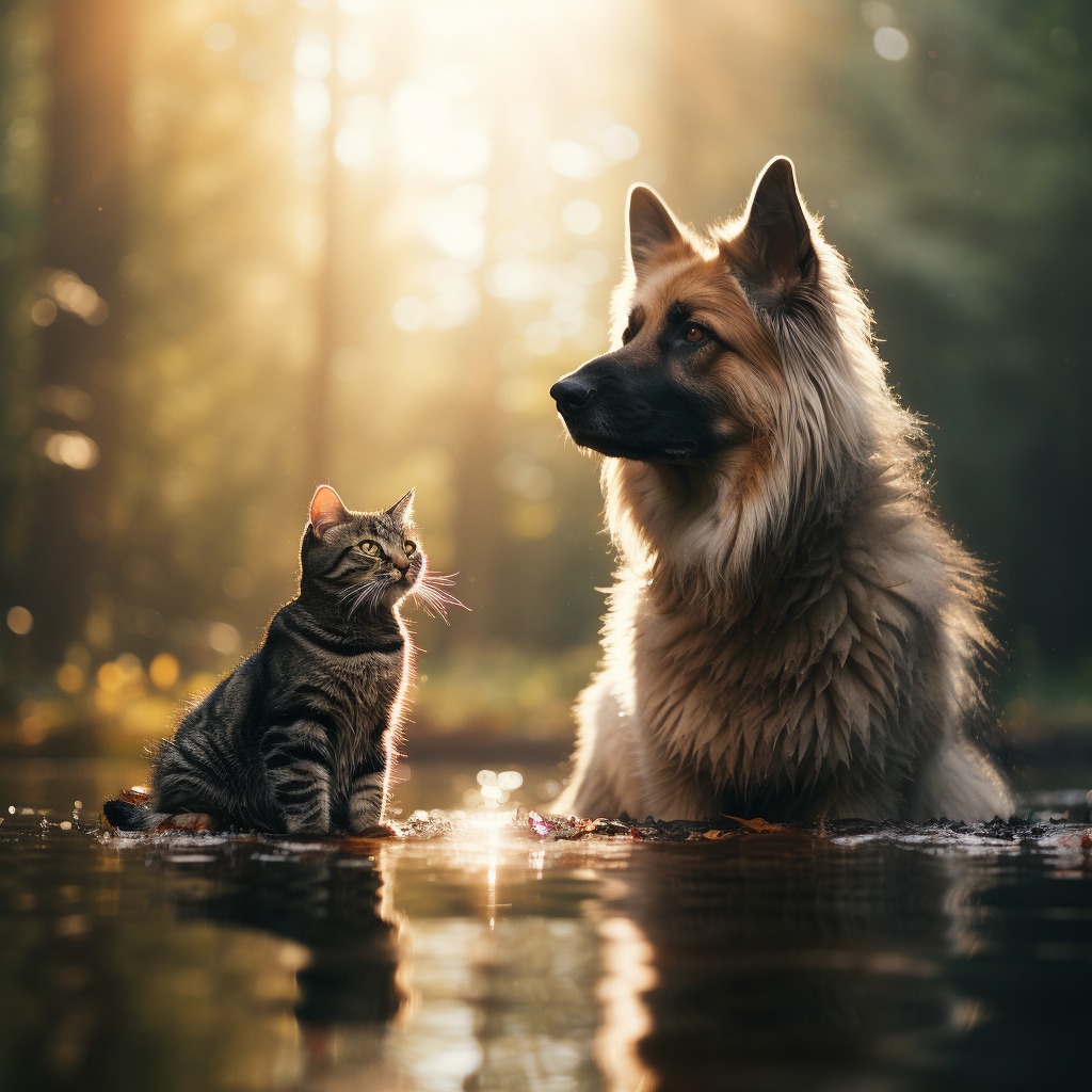 German Shepherd and Cat in Forest Fog