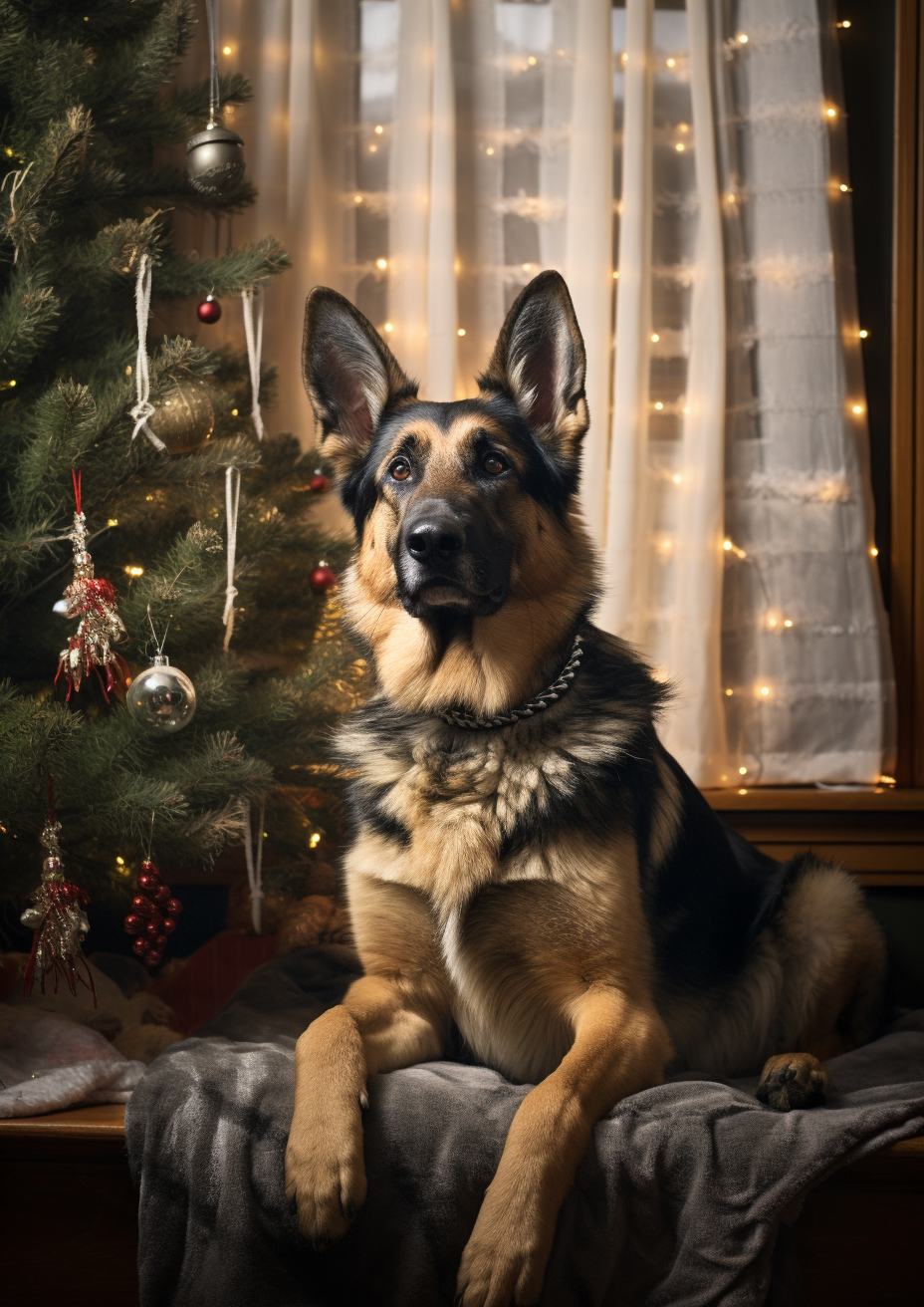 Adorable German Shepherd by Christmas tree